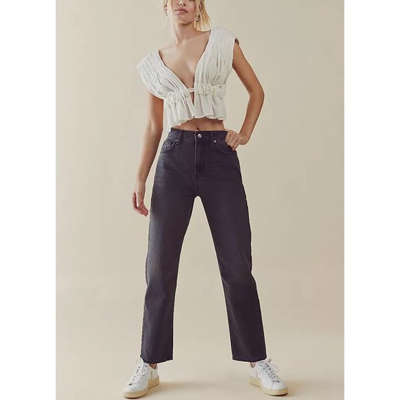 🎉LAST CHANCE🎉 FREE PEOPLE Pacifica Straight Leg Jeans / Worn Black - Picture 9 of 11